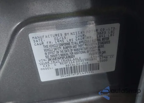 2015 Nissan Sentra Fe+ S/S/Sl/Sr/Sv z USA, uszkodzony, nr VIN 3N1AB7AP3FL639331